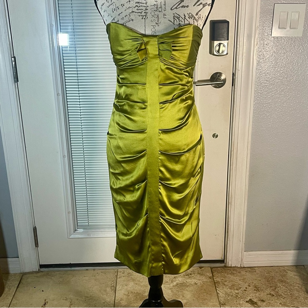 Nicole Miller Y2K Olivine Green Strapless Ruched Bodycon Cocktail Mini Dress 6